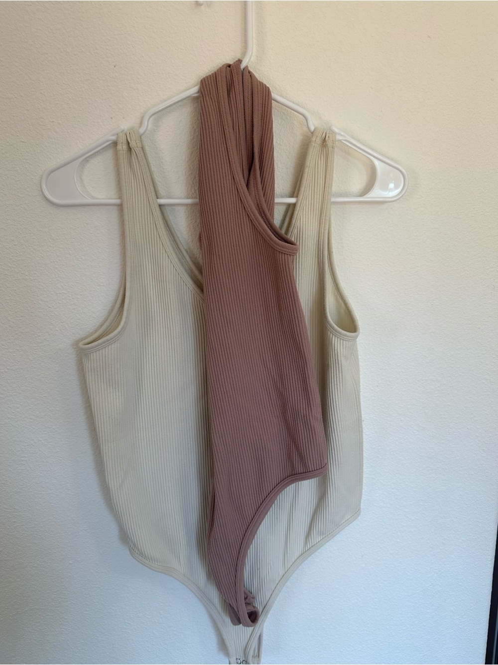 Pink Rose Ribbed Scoop Bodysuit Set in Cream and Mauve